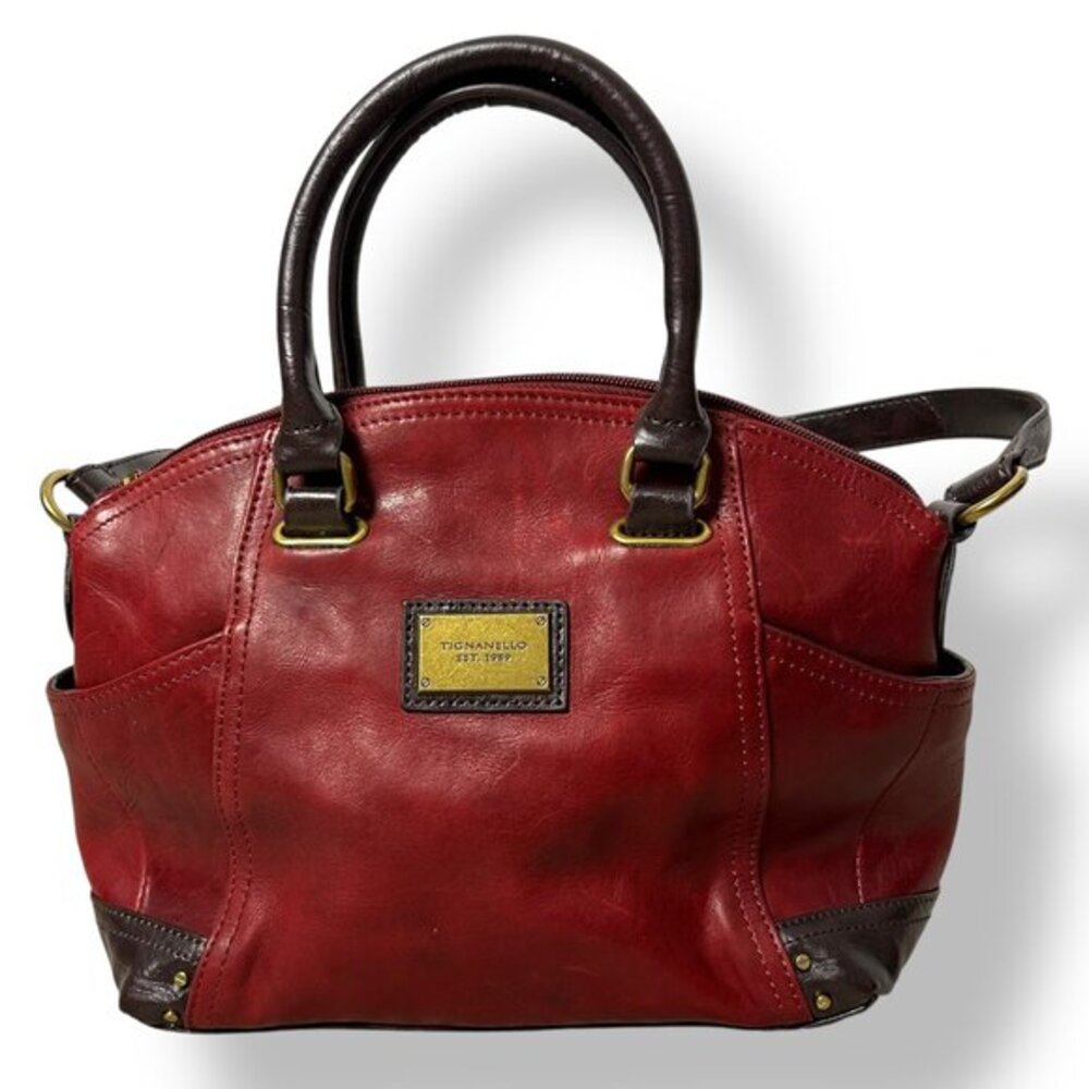 Tignanello Burgundy Leather Satchel Brown Leather Handles Trim Shoulder Strap